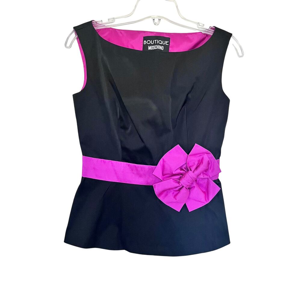Moschino Boutique Black Fuchsia Pink Bow Sleeveless Boat Neck Evening Blouse